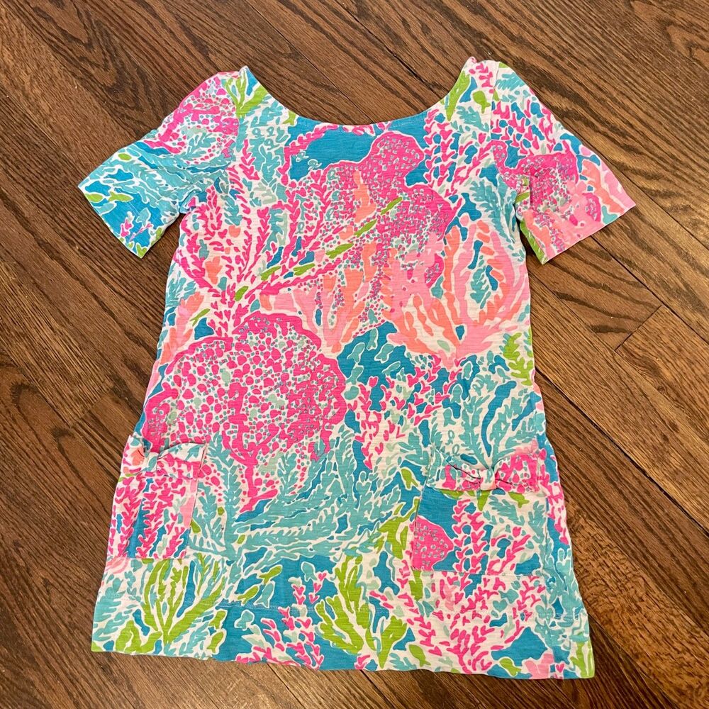 Girls Lilly Pulitzer Esme Knit Dress Coral w Pockets Sz M 6-7 100% Cotton